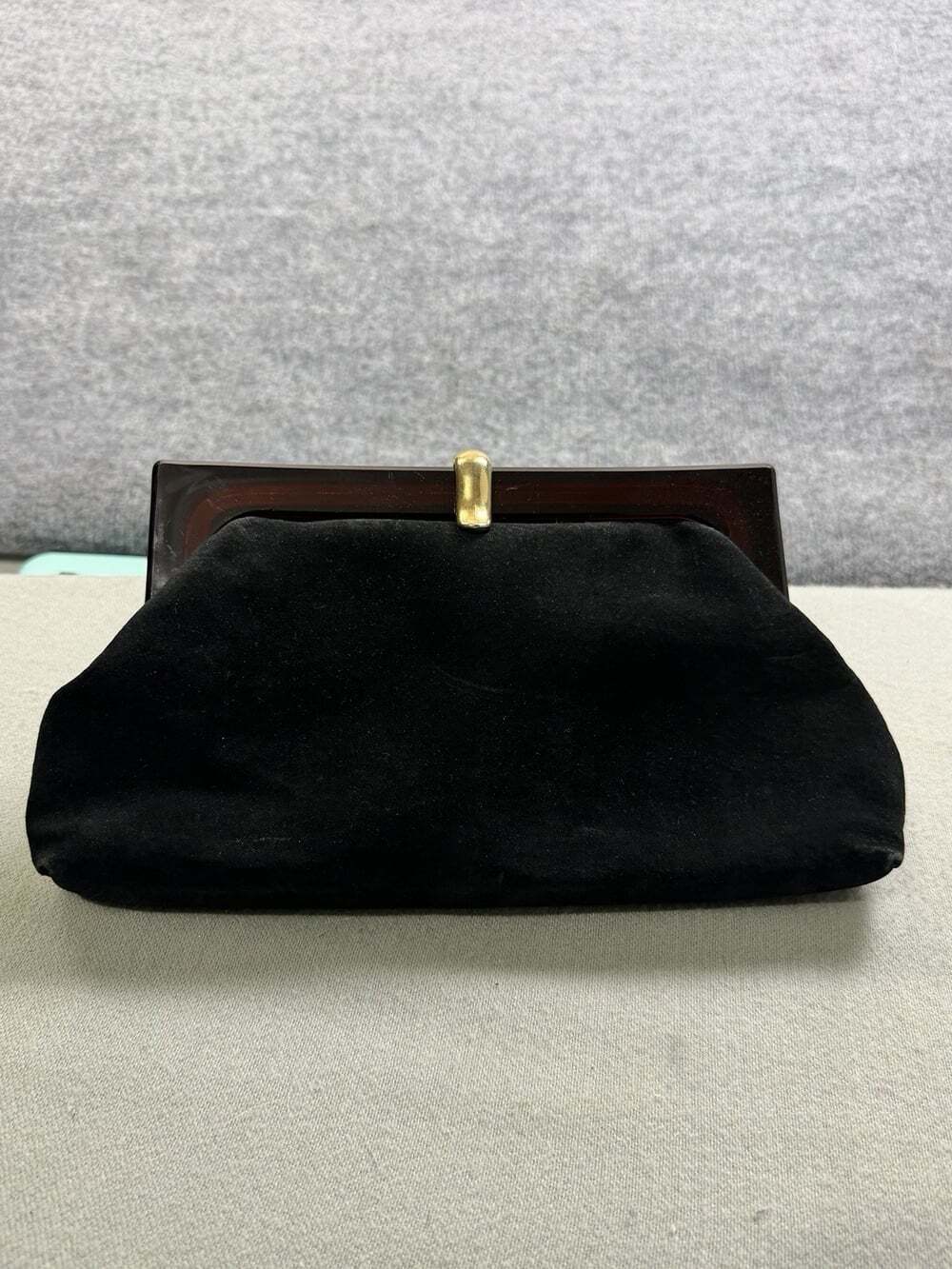 Italian Black Suede Clutch Dark Brown Lucite Frame Kiss Lock Purse Vintage